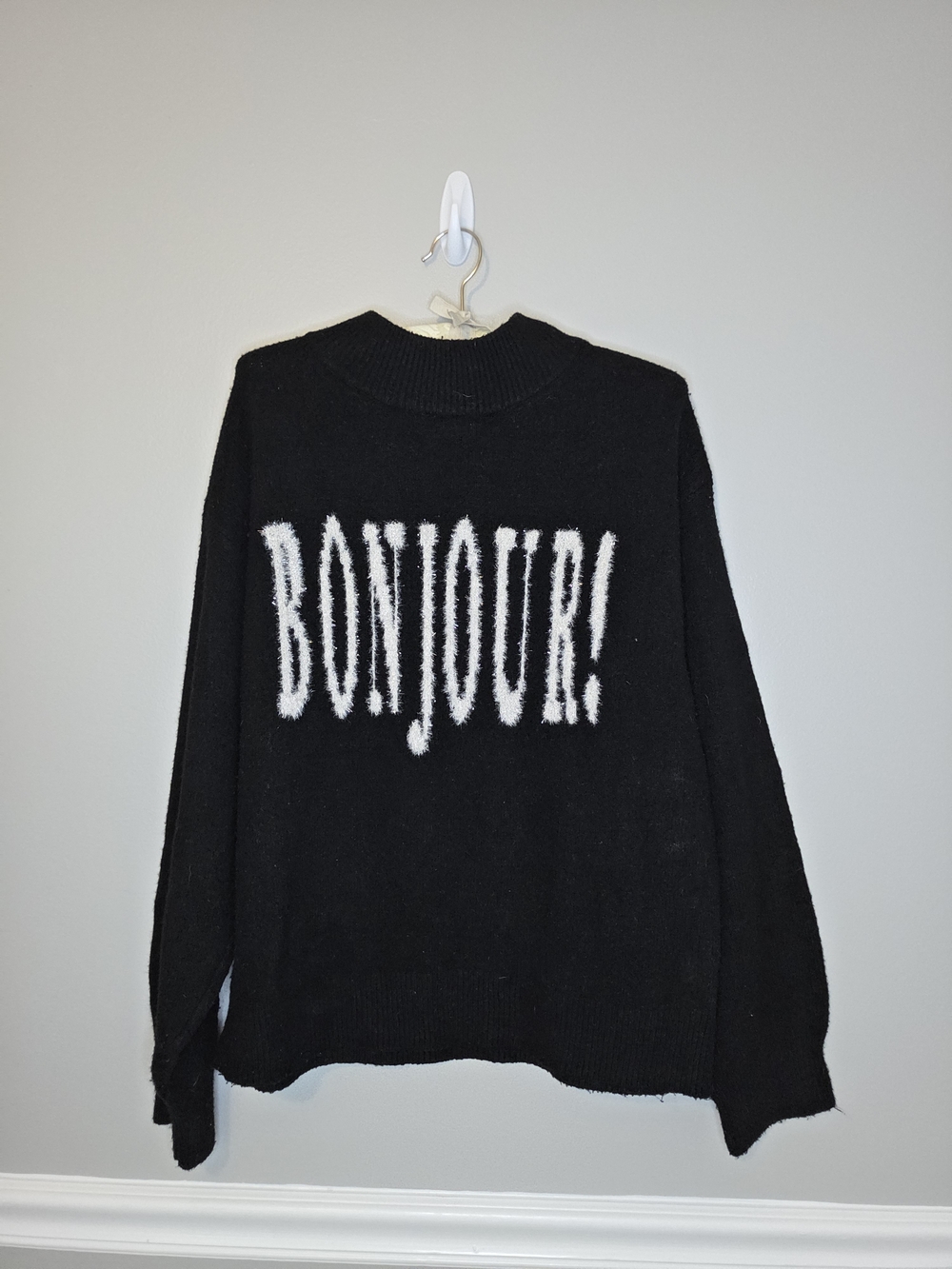a new day Black Crewneck Sweater with White BONJOUR Graphic